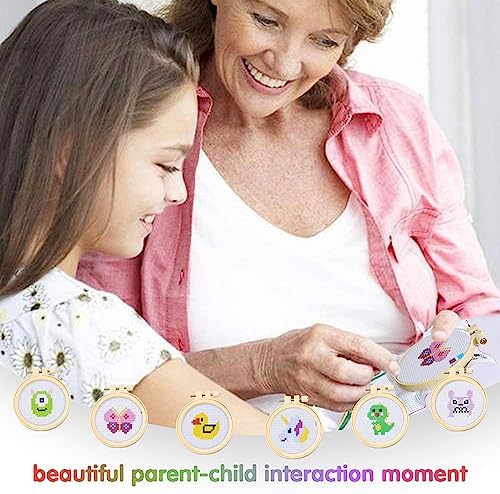 Ysimple Kids Cross Stitch Kit, 6 Animal Patterns DIY Embroidery Starter Kit for Beginners, Includes 2 Hoops, Crafts Sewing Art for Children & Adults