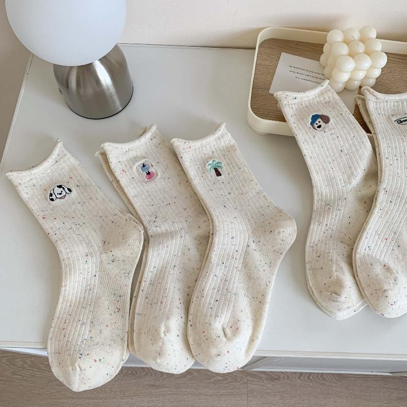 Spring and Autumn Lovely Cartoon Puppy Embroidered Socks - Children's Mid-length Socks with Trendy Rolled Edges and No Bones - Long Socks