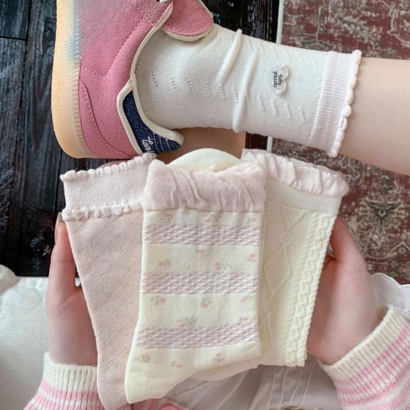 Pink Floral-patterned Socks - Spring and Summer Pile Socks, Simple Lace-edged Bow Tie Ankle-length Socks