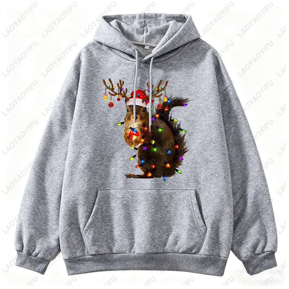 

Рождественская толстовка с подсветкой в виде белки, рождественская толстовка с капюшоном с белкой, женский свитер с длинным рукавом, подарок с белкой Санты, милый рождественский свитер XL
