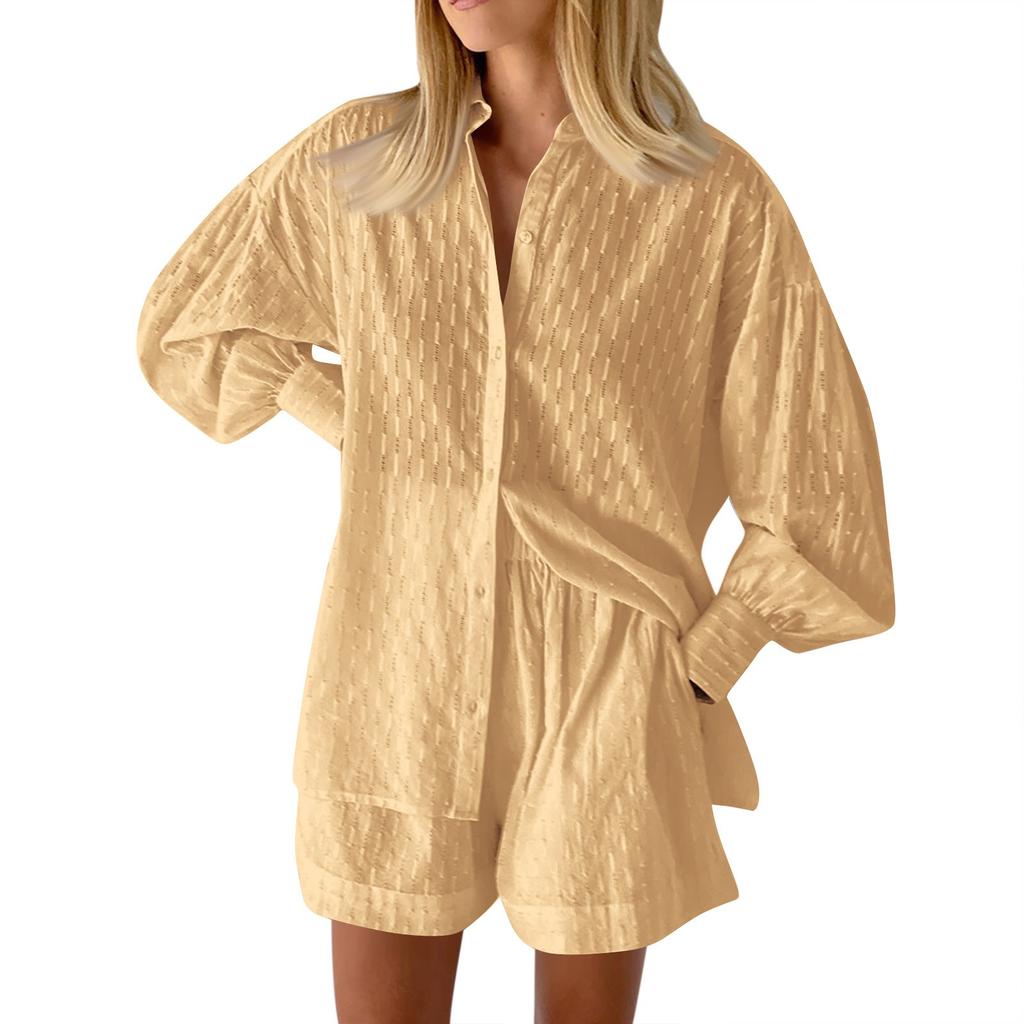 Casual Fashion Solid Color Women's Shirts Puff Sleeves Elegant Tops Shorts Casual Suit