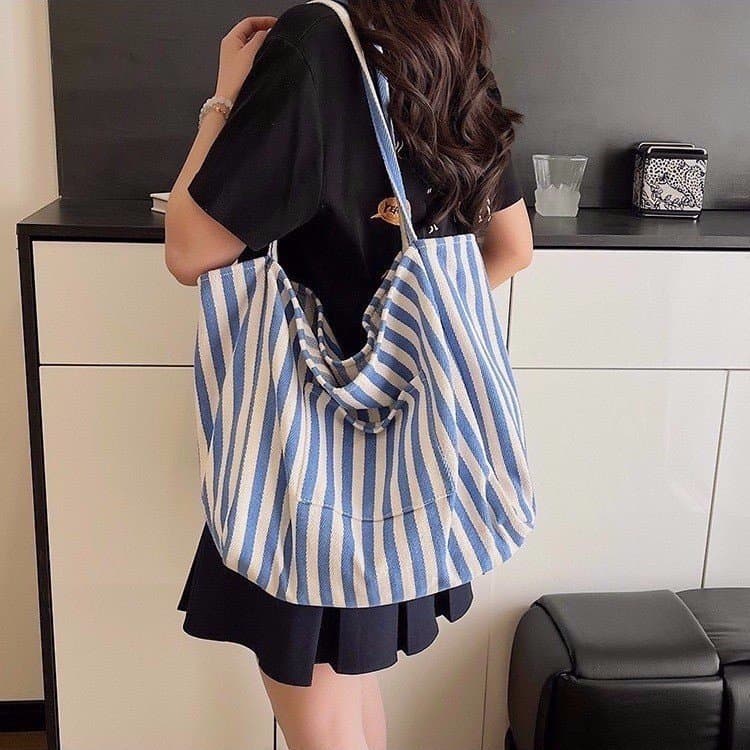 Striped large capacity canvas tote bag women's shoulder bag