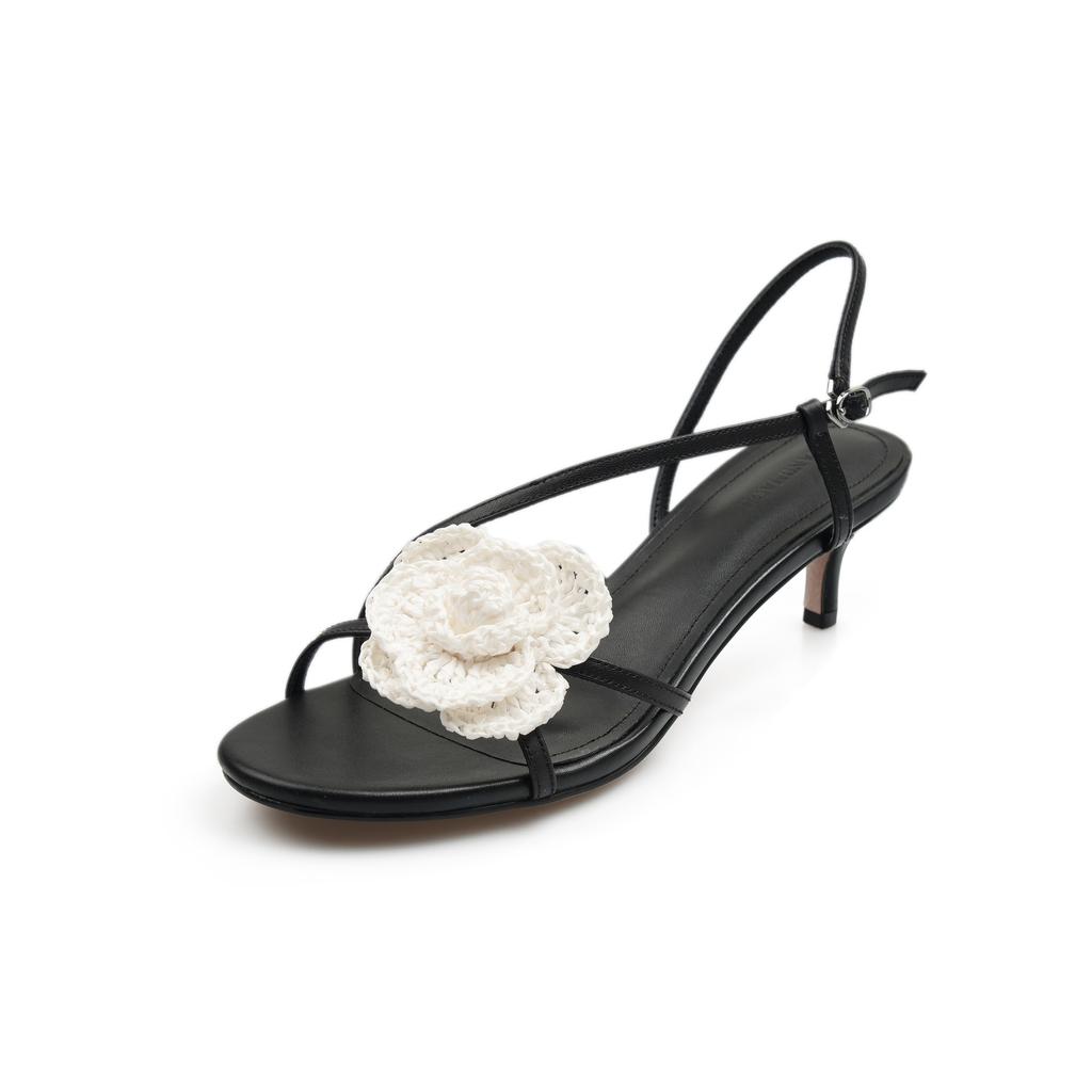 2025 European and American new fashion woven flower one-word buckle sandals women's thin heels sexy high-heeled sandals