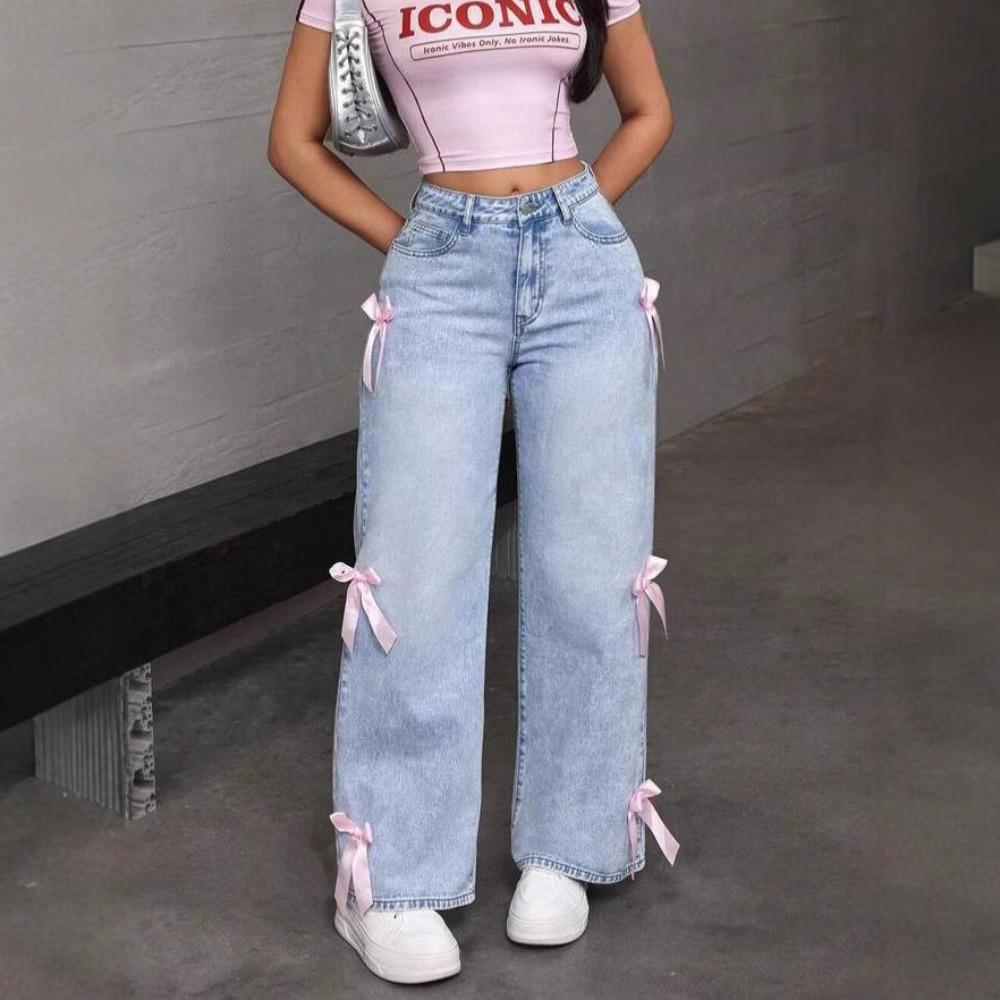 Women's High Rise Wide Leg Jeans Loose Non Stretch Light Wash Denim Trousers Y2K Pink Bow Decor Straight Floor Length Streetwear Casual Long Pants