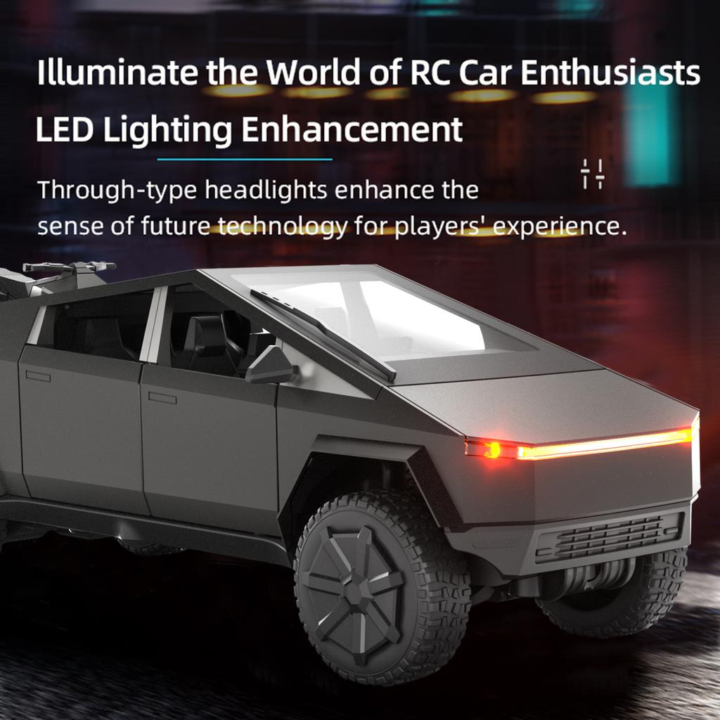 Cyber Truck Toy, 2.4GHz Remote Control Alloy Vehicle with Motorcycle and LED Lights, Model Pickup Truck for Kids Boys