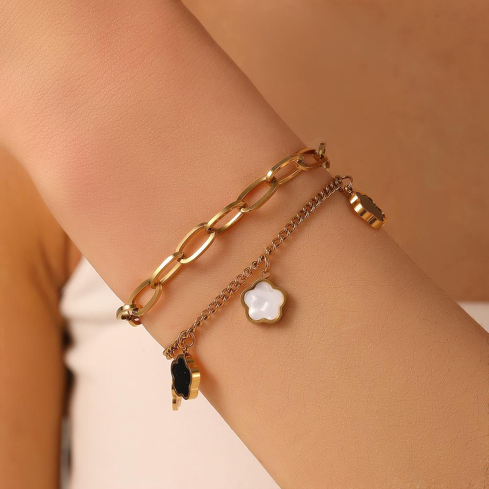 Stainless Steel Double-Layer Black Shell Five-Petal Flower Bracelet for Women