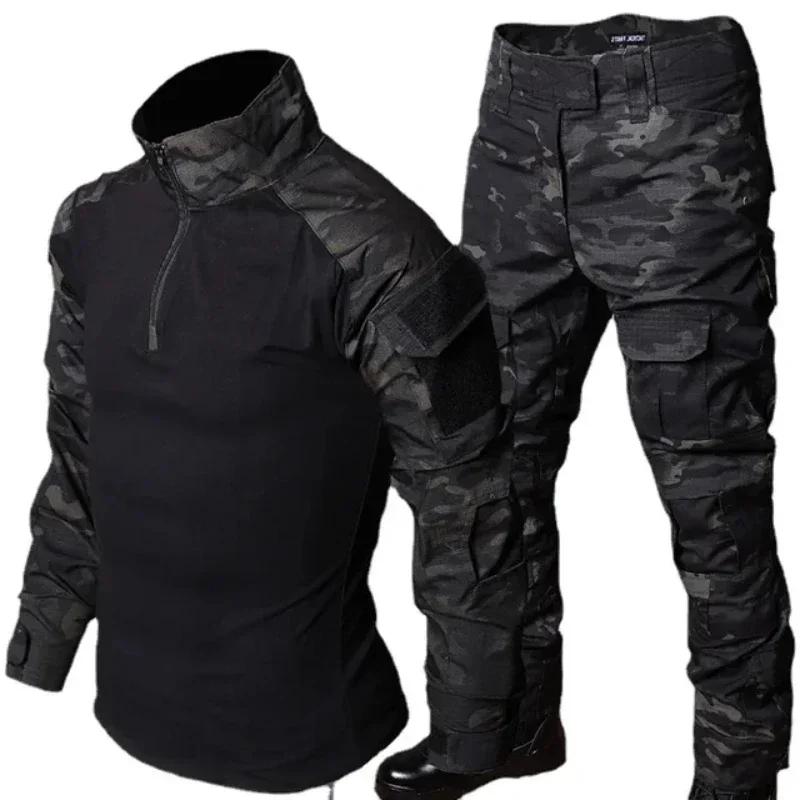 Černé Camo Tréninkové Sety s 1/4 Zipem Bojové Topy Taktické Obleky Turistické Kalhoty Pánské Odolné Košile Více Kapsami Odolné proti Opotřebení