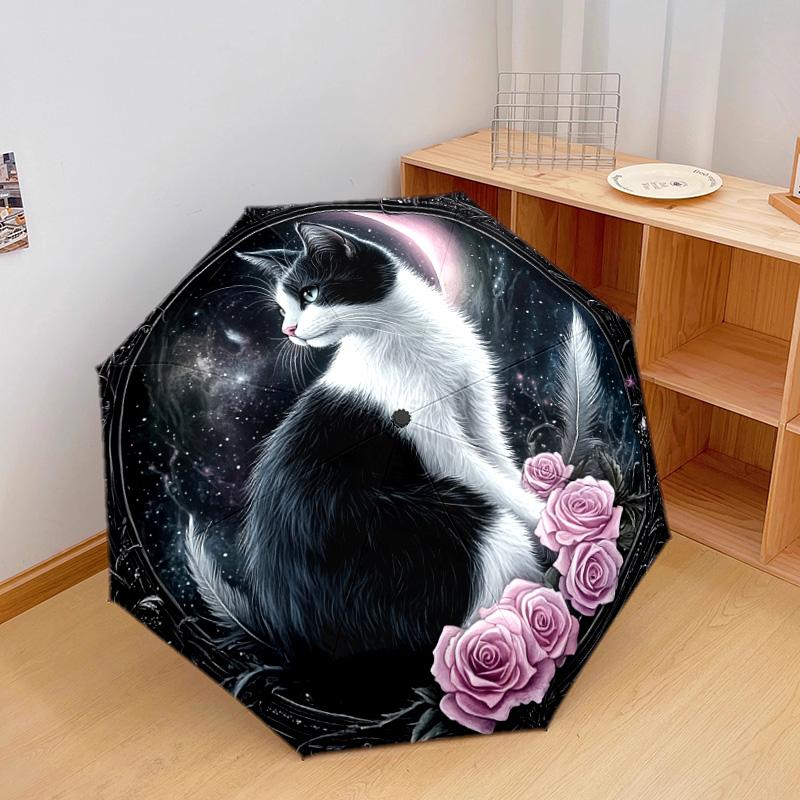 1 PC Automatic Folding Umbrella - Black and White Cat with Moon Pattern, Portable & Foldable Design with 8 Ribs, Christmas Birthday Gifts