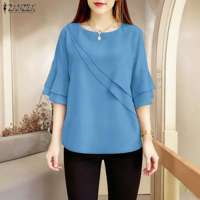 Women Casual Round Neck Solid Color Half Sleeve Blouse