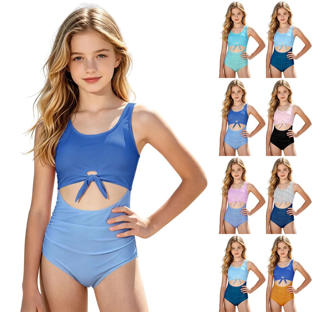 Mädchen Badeanzug Einteiler Cut Out Bindung Vorne Design Vichy Muster Tankini Stil Badebekleidung für Kinder Sommer Strand Pool