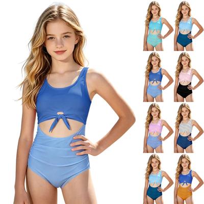 Girls One Piece Swimsuit Cut Out Tie Front Design Gingham Print Tank Style Swimwear for Kids Summer Beach Pool