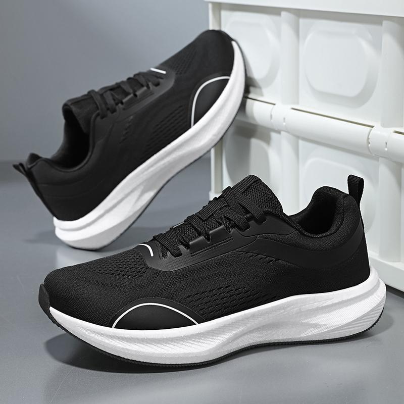 MenBlackWhiteMesh Running Sneakers Light Foam Wave Cushion Sole Breathable Non Slip Outdoor Daily Jogging Walking Athletic Shoes