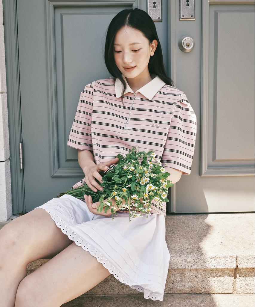 ROIROI Volume Sleeve Striped Collared Short Sleeve Tee - Pink