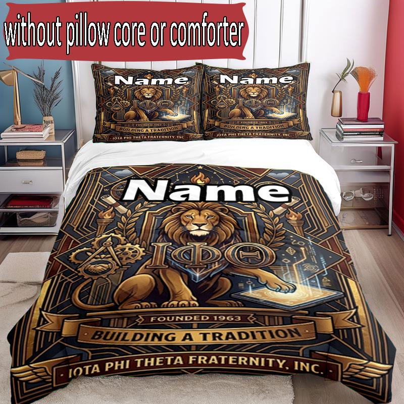 3pcs Duvet Cover Set (1*Duvet Cover + 2*Pillowcase, Without Core), Custom Name Iota Phi Theta Pattern Bedding Set, Home Bedroom Decor Gift
