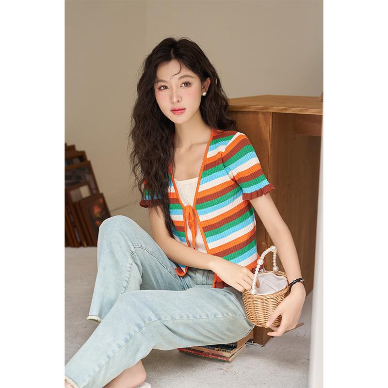 

Блузка Mishow для женщин, новинка лета 2023, элегантные радужные полоски, милые тонкие женские топы на шнуровке в корейском стиле MXC38Z0112 L