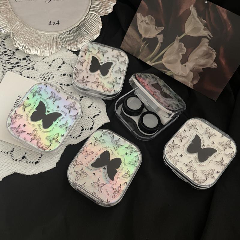 Laser Butterfly Pattern Square Lens Container Women Eye Contacts Lens Case Color Contact Lenses Storage Box Portable Travel Set