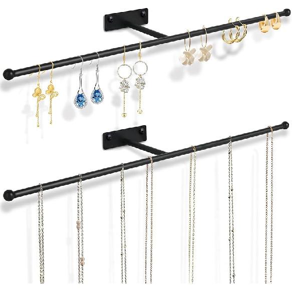 2 Pack Wall Jewelry Organizer, 14.5   Necklace Holder for Hanging Earring, Ring, Bracelet, Hairband, Glasses Storage, Decorative Space-Saving Jewelry 2Pack-Black
