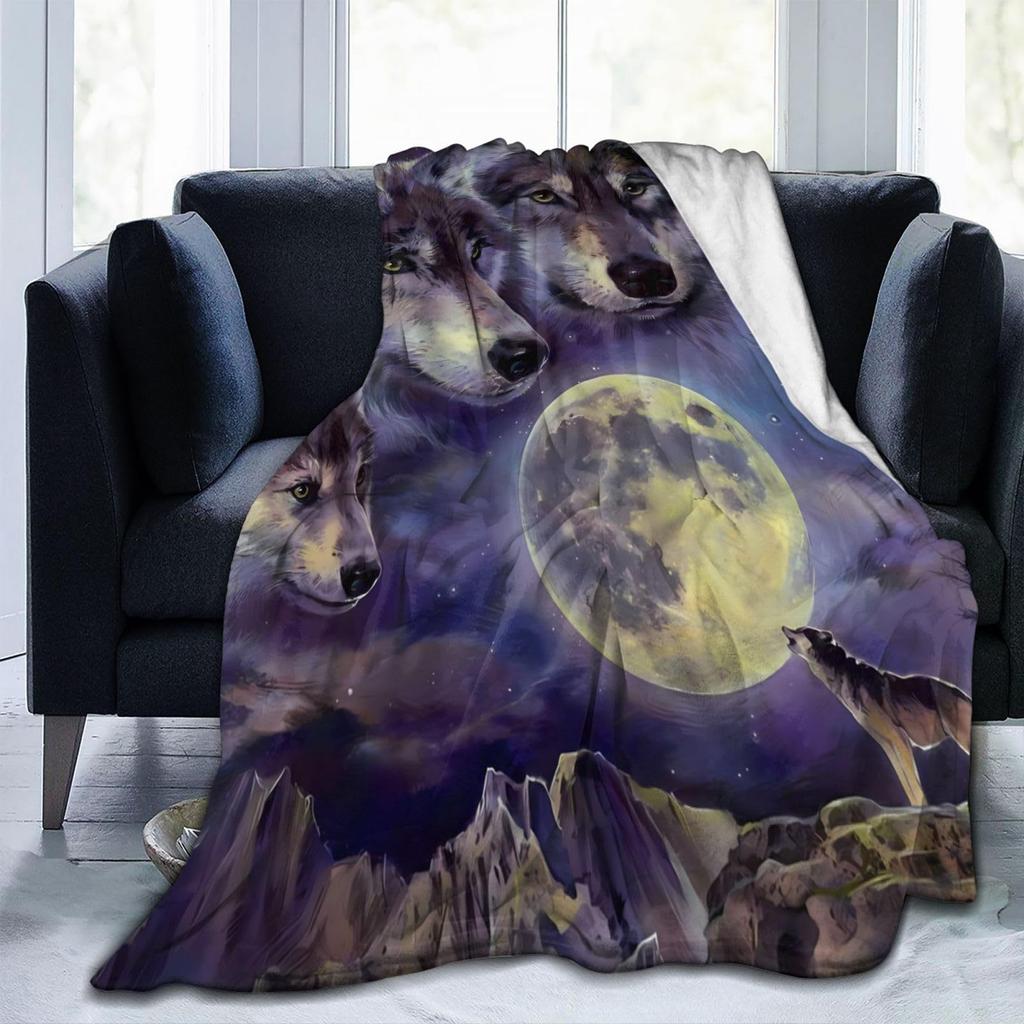 Wolf Series under the Moonlight digital-printed polyester velvet flannel cover blanket Fleece soft sofa cover blankets for beds