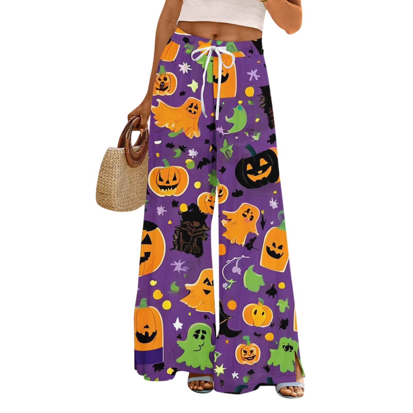 

Women s Halloween Printed Wide Leg Pants With Pockets High Waist Drawstring Loose Casual Pants XL фіолетовий