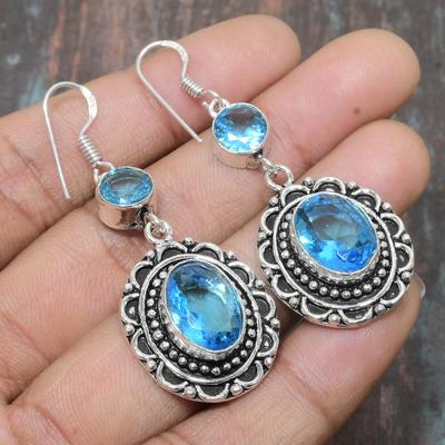 Brinco de joia de prata esterlina 925 sólida feita à mão com pedra preciosa topázio azul suíço para o Dia de Ação de Graças