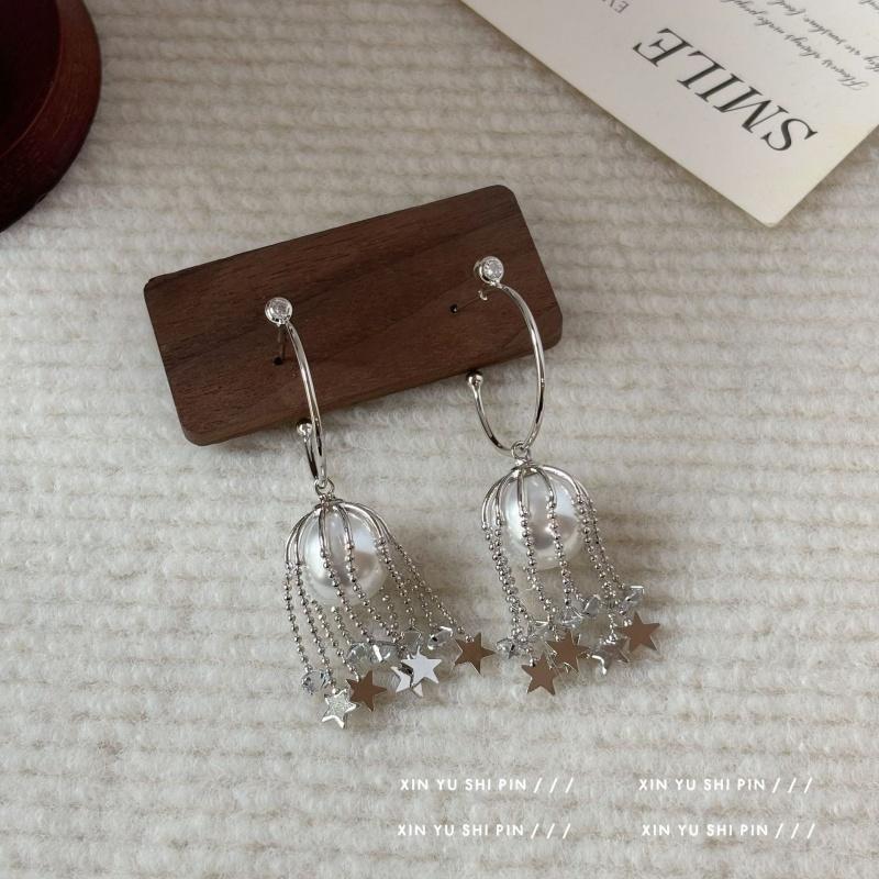 

Elegant Simple Imitation Pearl Star Tassel Drop Earrings For Women Wed Bridal Classic Piercing Hanging Earring Aesthetic Zircon