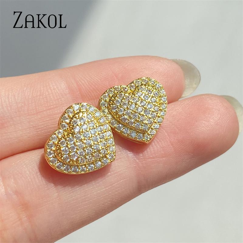 Fashion Heart CZ Stud Earrings for Women Cute Zirconia Female Band Marriage Statement Wedding Party Jewelry