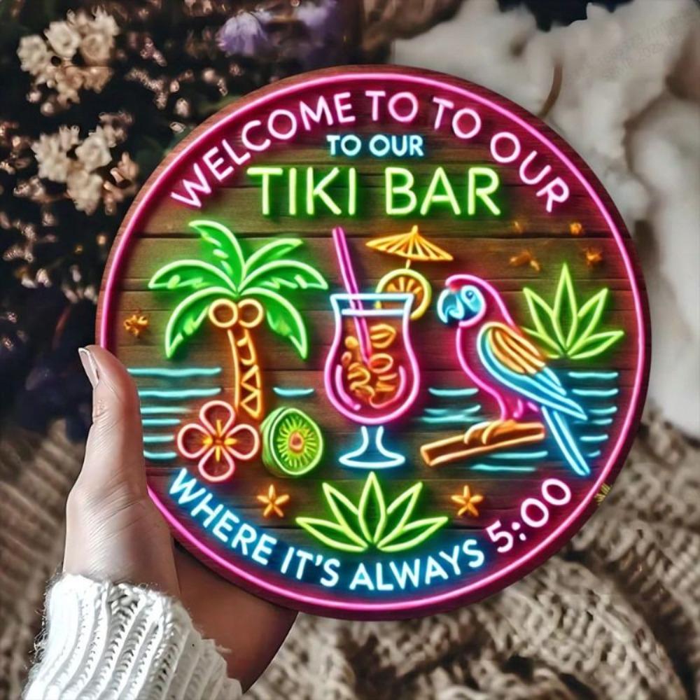 Tiki Bar Welcome Round Metal Wall Art Vintage Tin Sign Retro Pub Decor