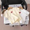 Toddler Kids Speckled Cream Crew Neck Tee, Cute Red Heart Chest Embroidery Side Adjustable Drawstring Hem Soft Knit Short Sleeve Summer Top