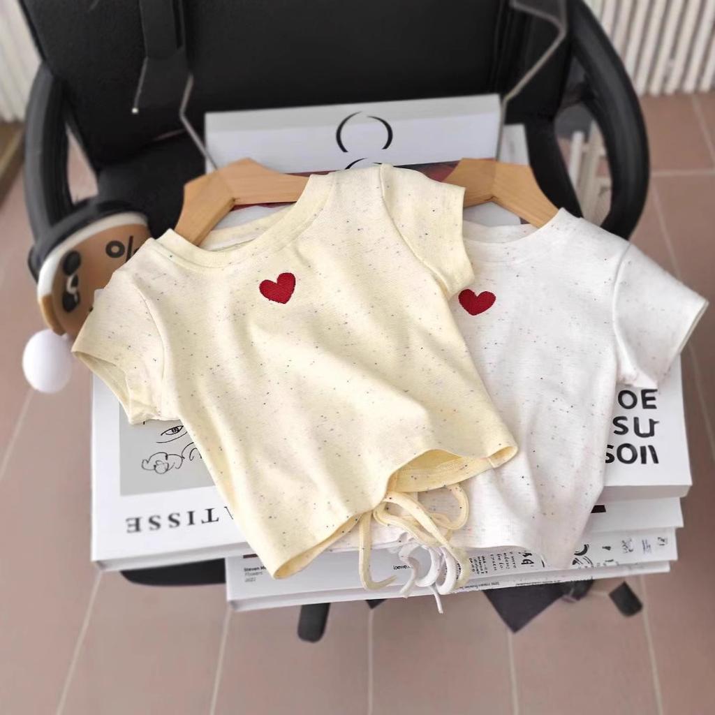 Toddler Kids Speckled Cream Crew Neck Tee, Cute Red Heart Chest Embroidery Side Adjustable Drawstring Hem Soft Knit Short Sleeve Summer Top