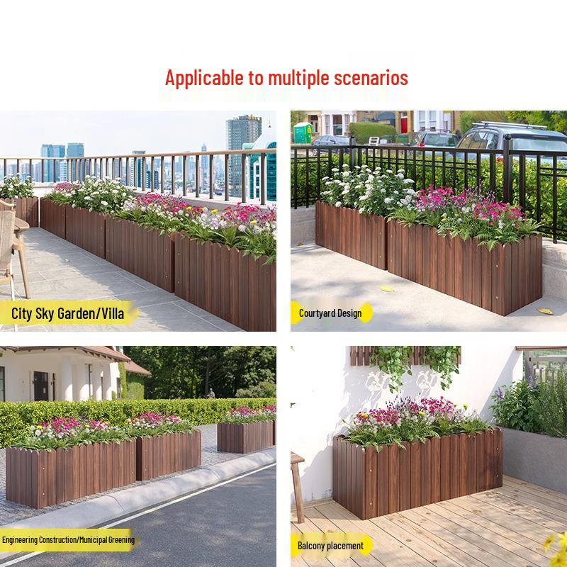 Carbonized Wood Outdoor Planter Box – Antiseptic Rectangular Flower Trough for Home, Courtyard, or Balcony.