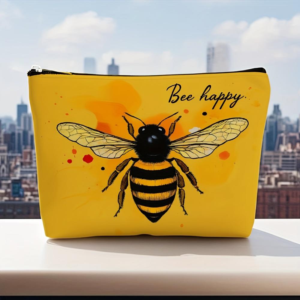 A Bee Printed Patterned Makeup Bag- Multifunctional Zipper Pouch, Jewelry Storage Bag, Perfect Travel Zipper Small Storage Bag.
