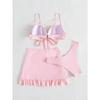 Women solid tie bow push up bikini sets three pieces with wrinkled ruffles mini skirt swimsuit bathing suit beach outfits