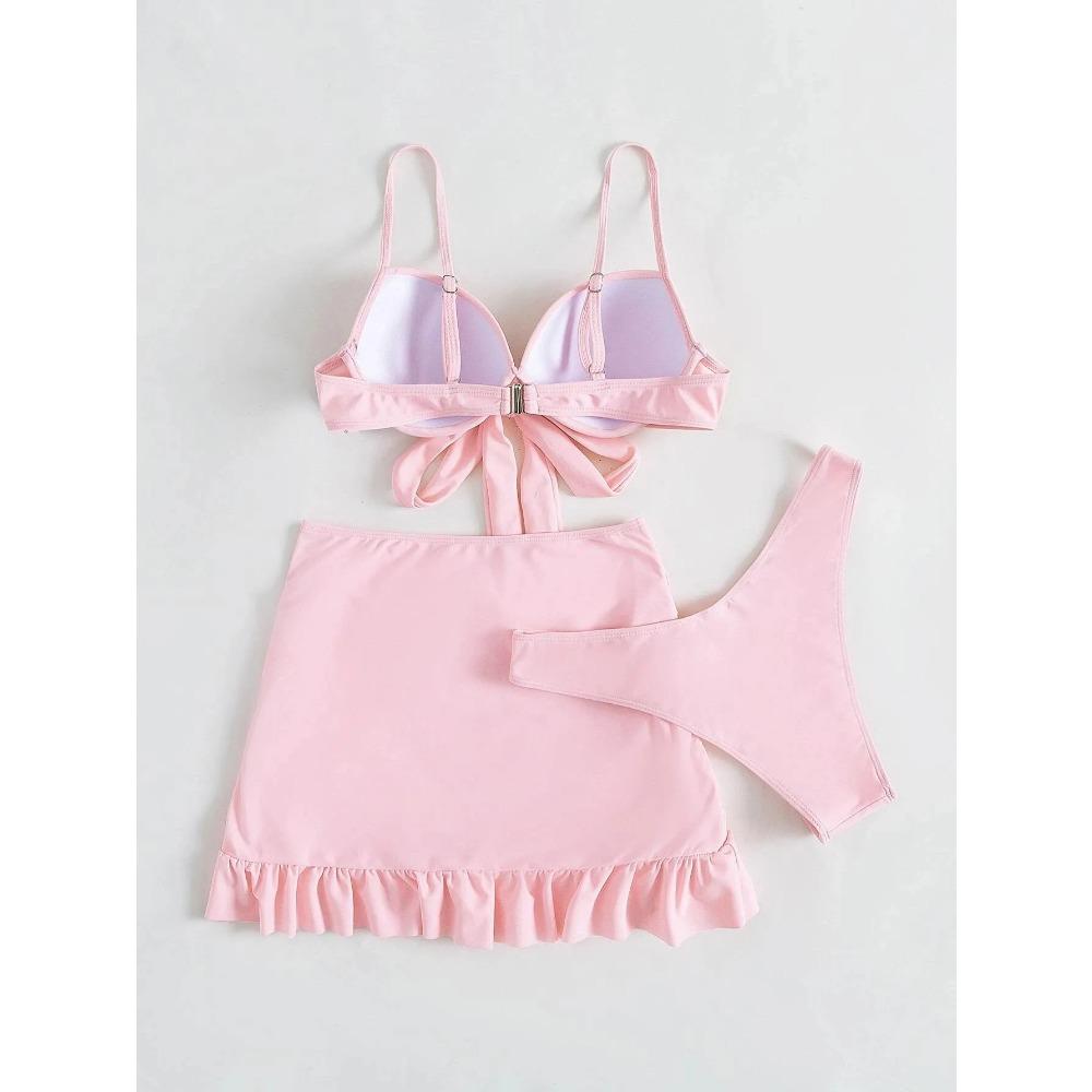 Women solid tie bow push up bikini sets three pieces with wrinkled ruffles mini skirt swimsuit bathing suit beach outfits