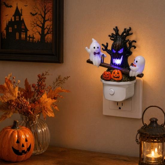 DYS Animated Seesaw Ghosts Night Light, Halloween Plug-in Lamp with Moving Figurines, Spooky Glowing Decor for Kids Room, Party