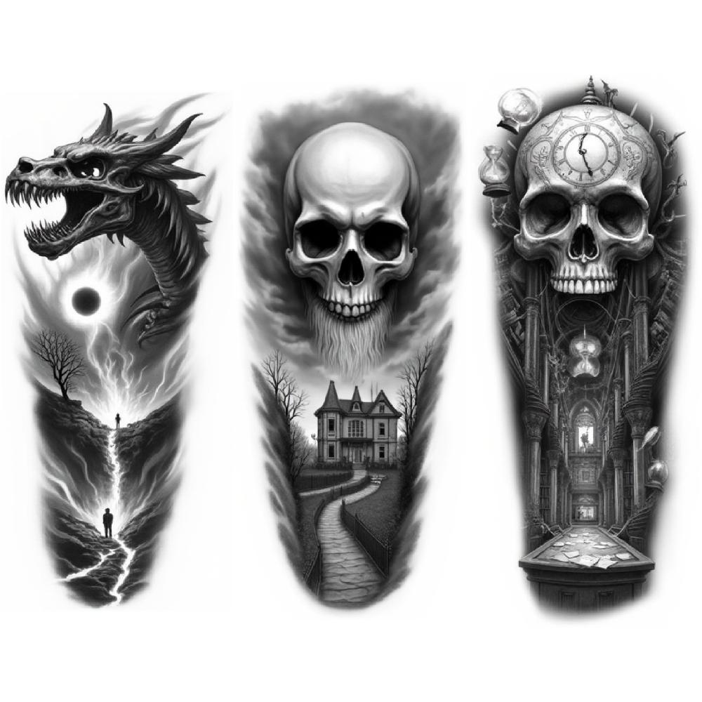 3pcs Temporary Tattoo Waterproof Long-lasting Body Stickers Owl And Skull Skeleton Bird Skull With For Men Thighs Adults
