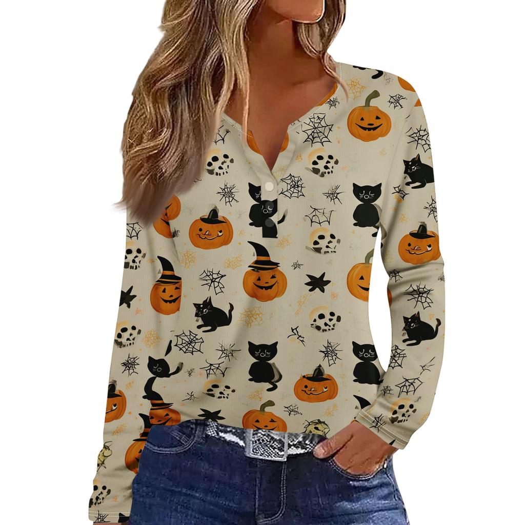 Women's Casual Long Sleeve T-Shirt with Halloween Print V-Neck Button for Parties