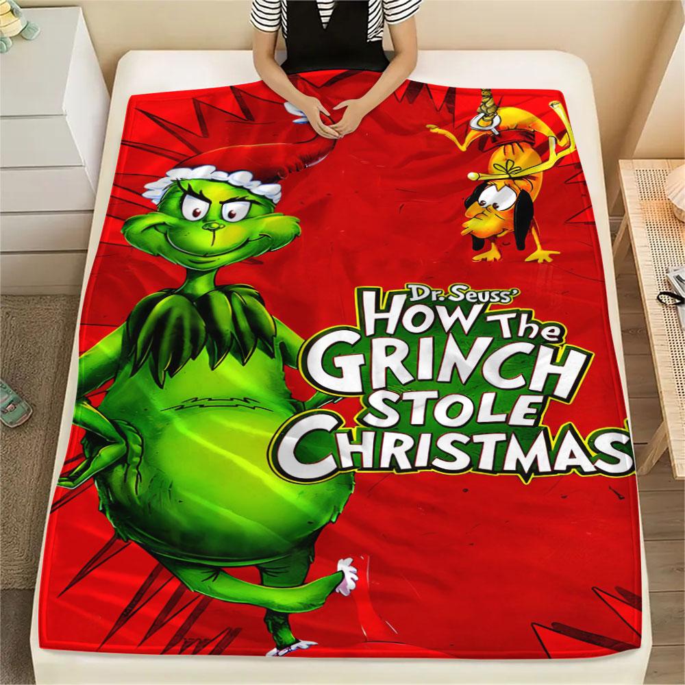 Christmas Grinch Cartoon printing Flannel Blanket Bedroom Sofa Camping Warm blanket Gifts for family and friends-MJ021