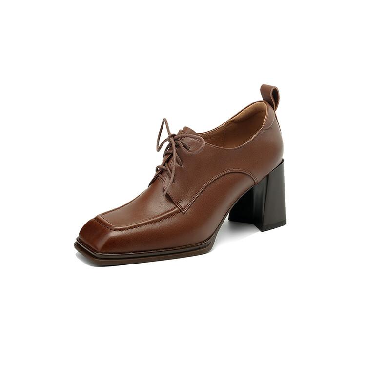 Fashion New Spring Genuine Leather Women Shoes French Retro Square Toe Lace Women Pumps High Heels Loafers Shoes for Women Ladies Shoes