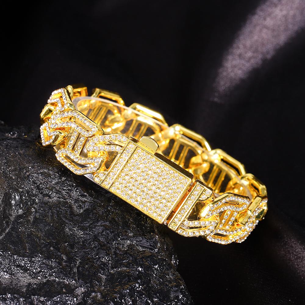 New Hip Hop Shiny Cuban Link Chain Bracelet Women Men Gold Color Rhinestone Iced Out Chain Bracelets Punk Wristband Jewelry Gift