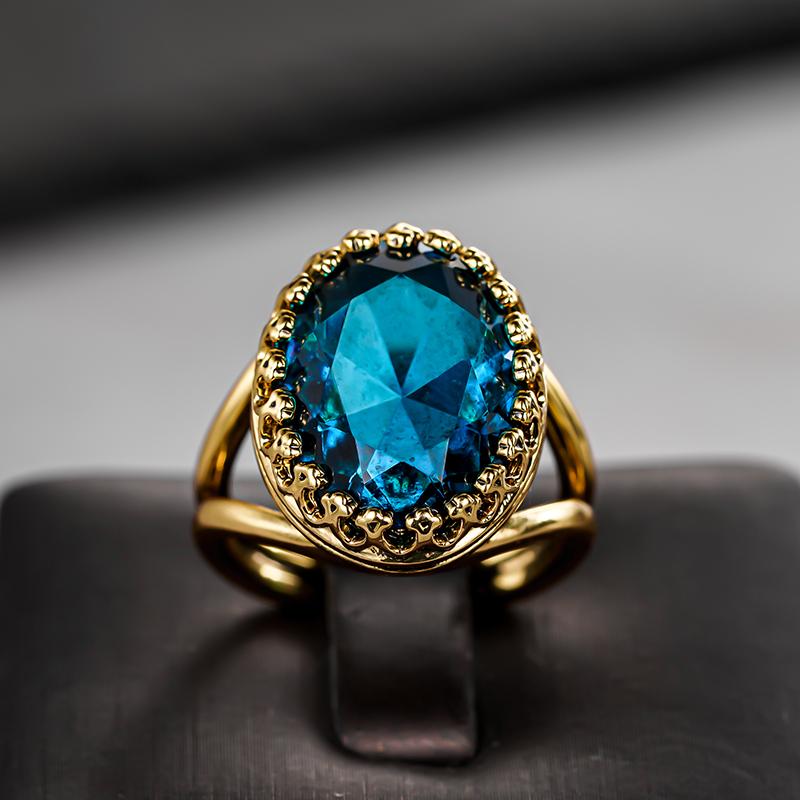 Gorgeous Big Oval Blue Cubic Zirconia Gold Color Rings for Women Temperament Elegant Lady Anniversary Party Retro Jewelry