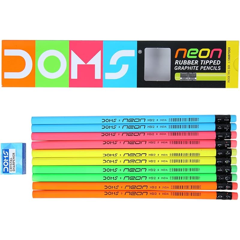 Doms Neon Rubber Tipped Hb/2 Graphite Pencils Box Pack | Non-Toxic | Free Sharpner Inside The Box | Easy & Smooth Sharpe 5 Count (Pack of 10)
