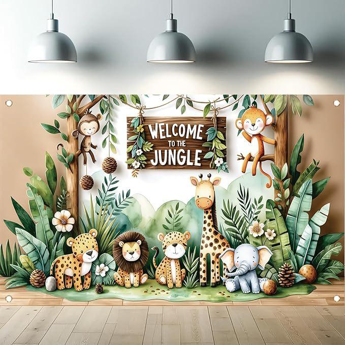 Cartoon Jungle Zoo Children's Birthday Party Decoration Photography Background Cloth Banner