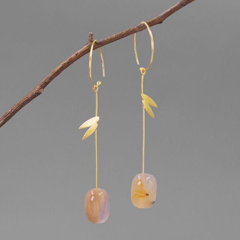 

Китайские минималистичные серьги-подвески из агата с бамбуковыми листьями из стерлингового серебра S925 – Национальный стиль, ретро-дизайн