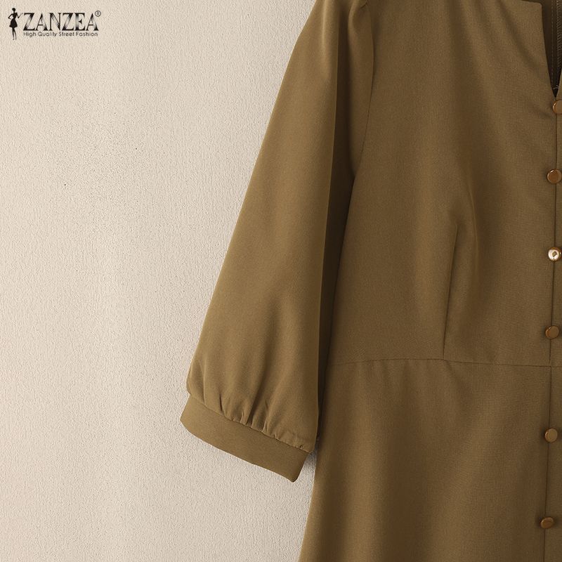 ZANZEA Women Casual V-Neck 3/4 Sleeve Loose Retro Dress