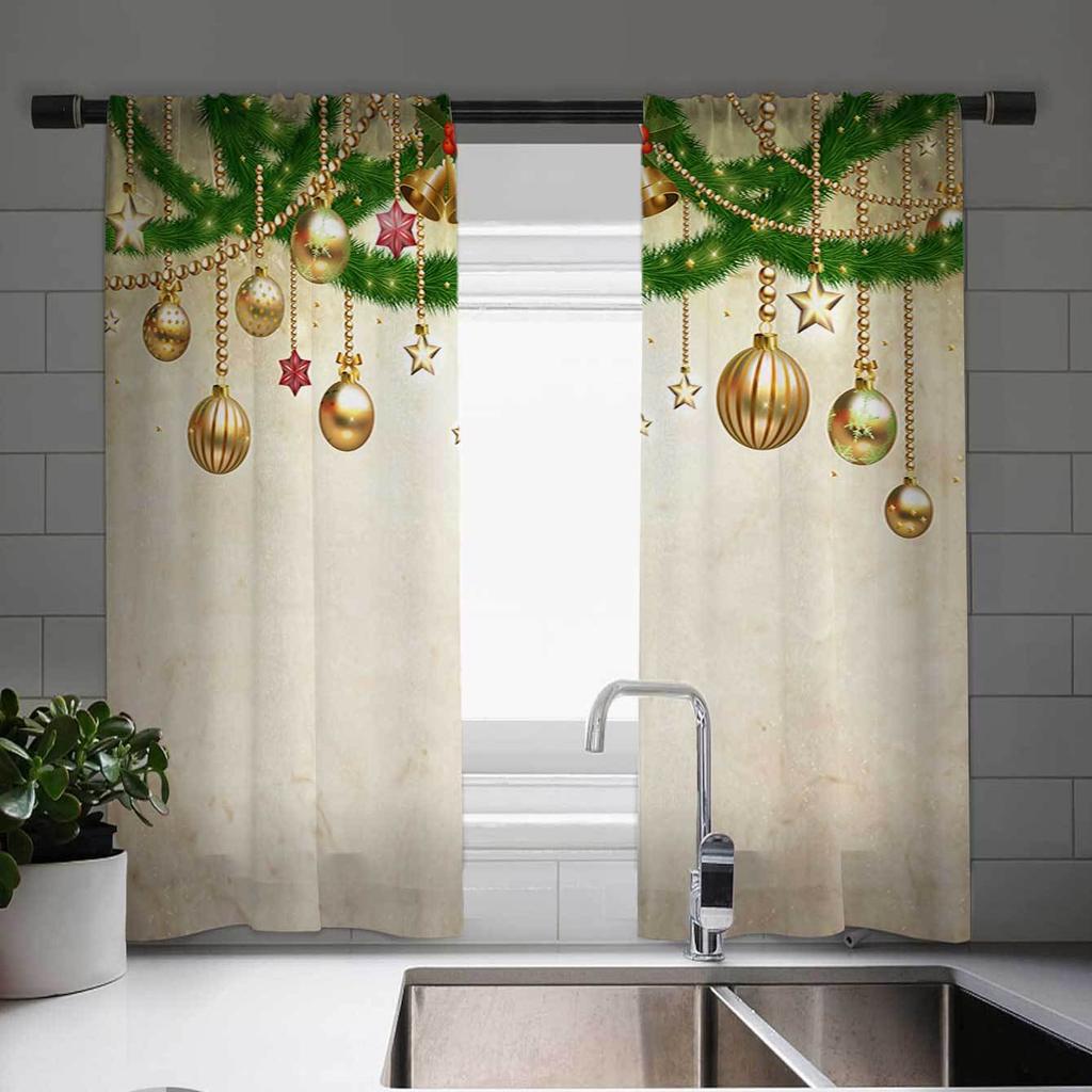 2pcs Christmas Themed Window Drapes Festive Tree Ribbons Lights Gifts Print Semi-Sheer Woven for Kitchen Living Room Bedroom
