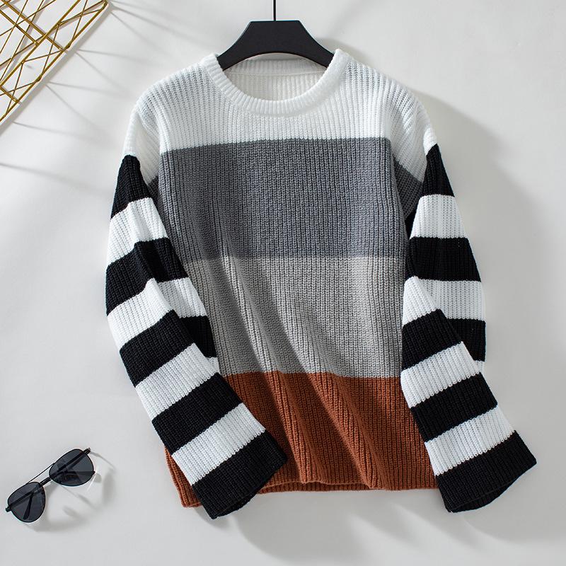 

Женский осенне-зимний трикотаж с круглым вырезом в полоску, контрастный вязаный свитер XL серый