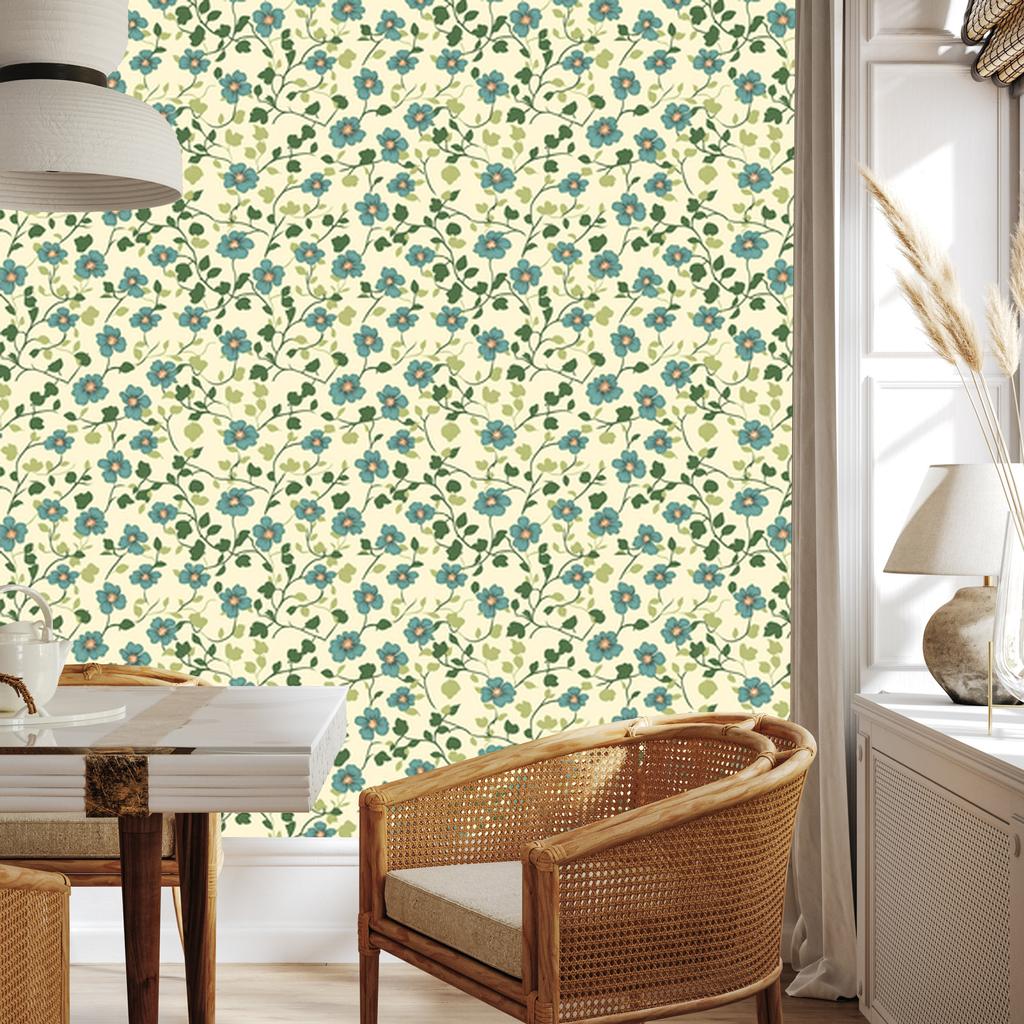 Wallpaper Cottagecore Flowers Cream, Beige and Lime 50x1000