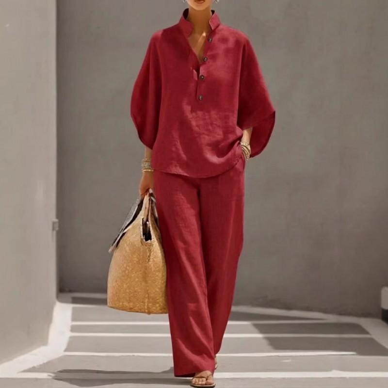 Womens Casual City Shirt Set 2026 Solid Color Long Sleeve Blouse Pants
