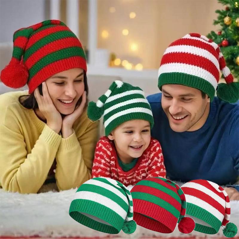 Christmas Hat Knitted Hat With Red And Green Stripes And Fur Ball Long Tail Hat Christmas Hat Old Man Hat