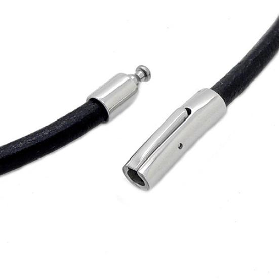 Mens Boys Faux Leather Cord Lock Necklace Stainless Steel Black Round Jewelry
